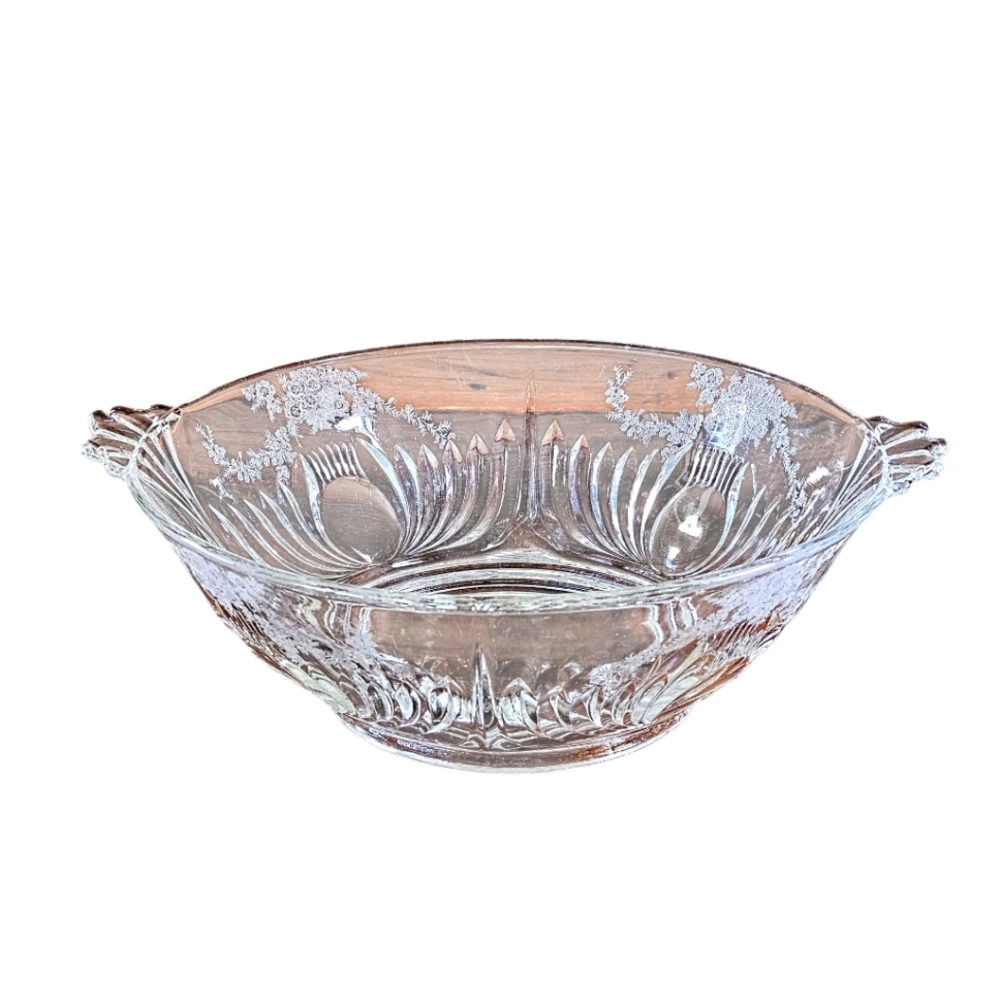 Vintage Paden City Glass Maya Floral Etched Two Handled Bowl Dish 9 in